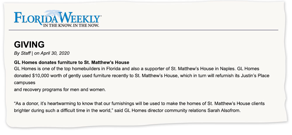 GL Homes donates furniture to St. Matthew’s House