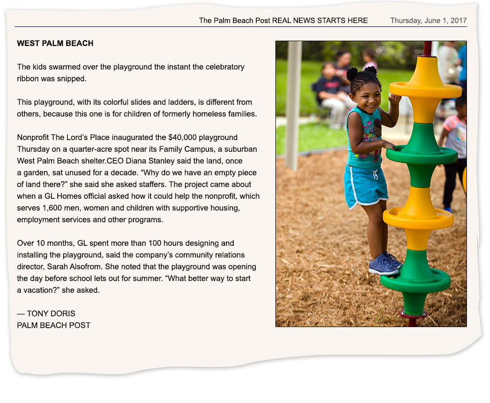 The Palm Beach Post article on the opening of The Lord's Place playground